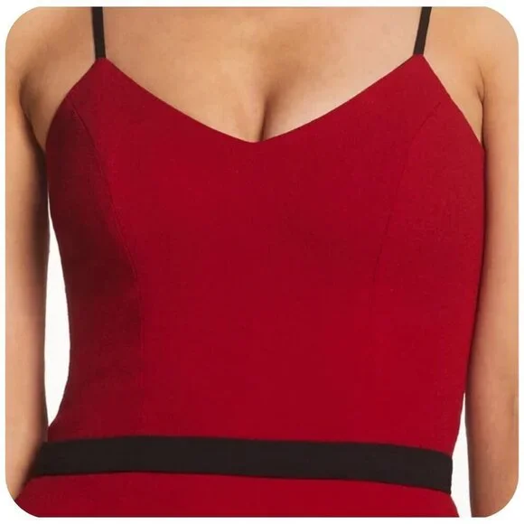 Dress the Population Emma V Neck Red Sleeveless Belted Holiday Midi Dress Size S Midi